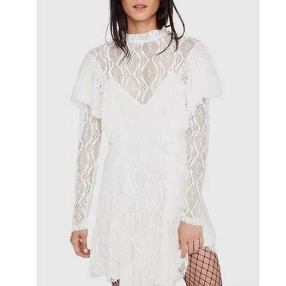 Free People Dress Womens Medium Ivory Dangerous Love Lace Mock Neck Mini